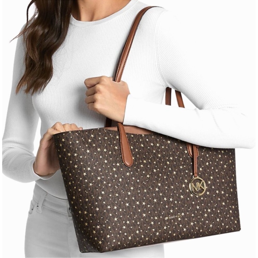 Michael Kors Arden Large Printed Signature Logo Tote Bag Brown/Stars Multi NWT - Picture 3 of 4